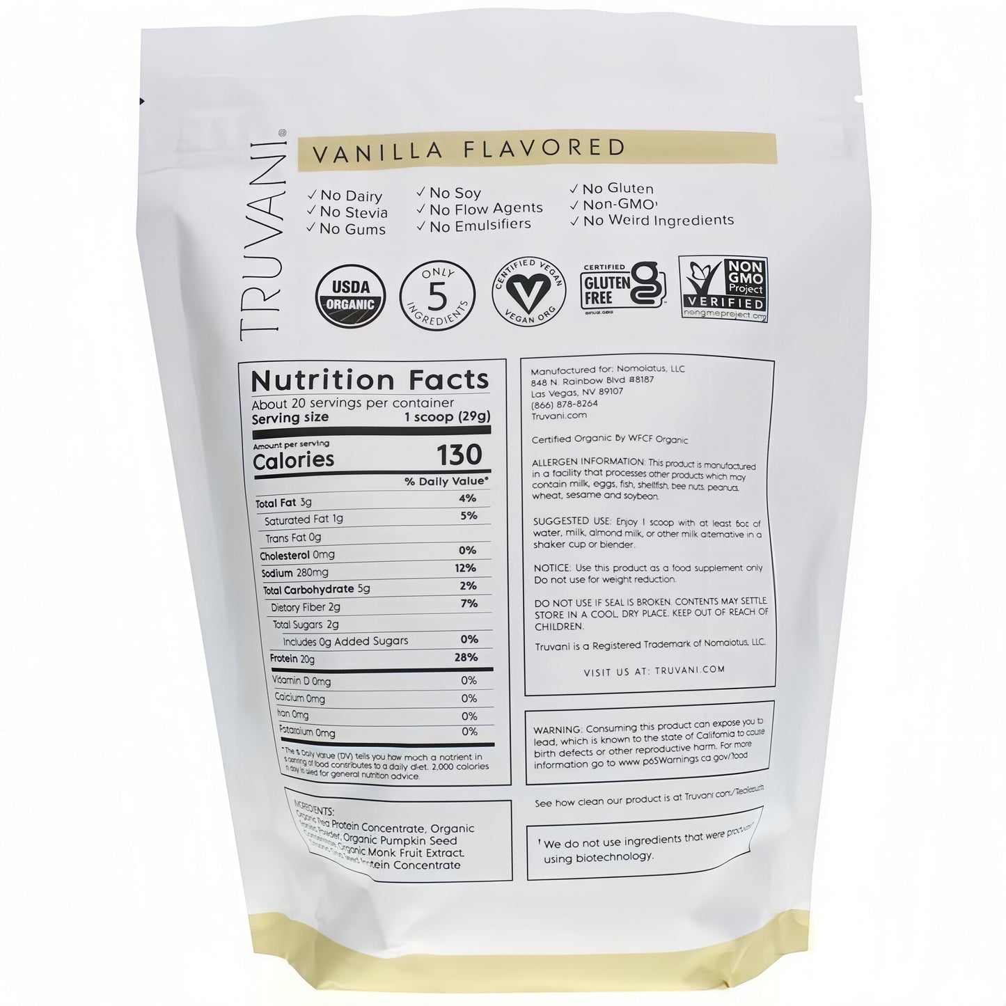 Truvani Organic Plant Based Protein Powder 20 Servings