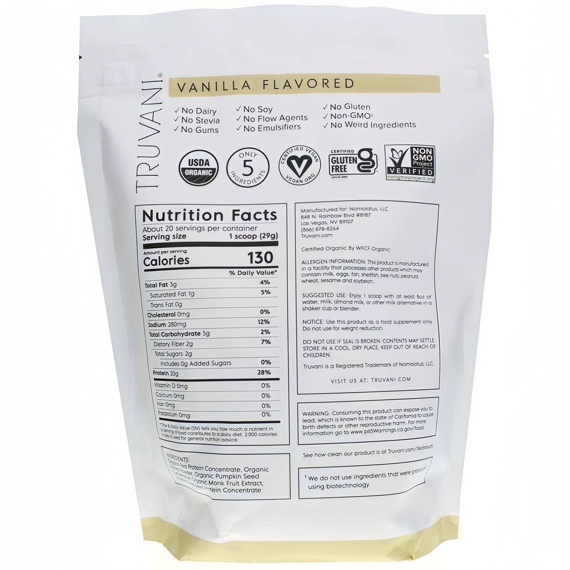 Truvani Organic Plant Based Protein Powder 20 Servings